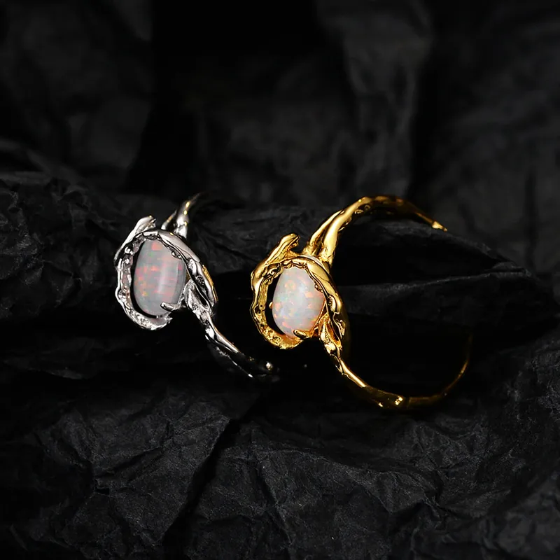 S925 Sterling Silver Opal Ring For Women Niche Luxury Handmade Irregular Wrap Adjustable Open Ring Jewelry Wedding Party Gift