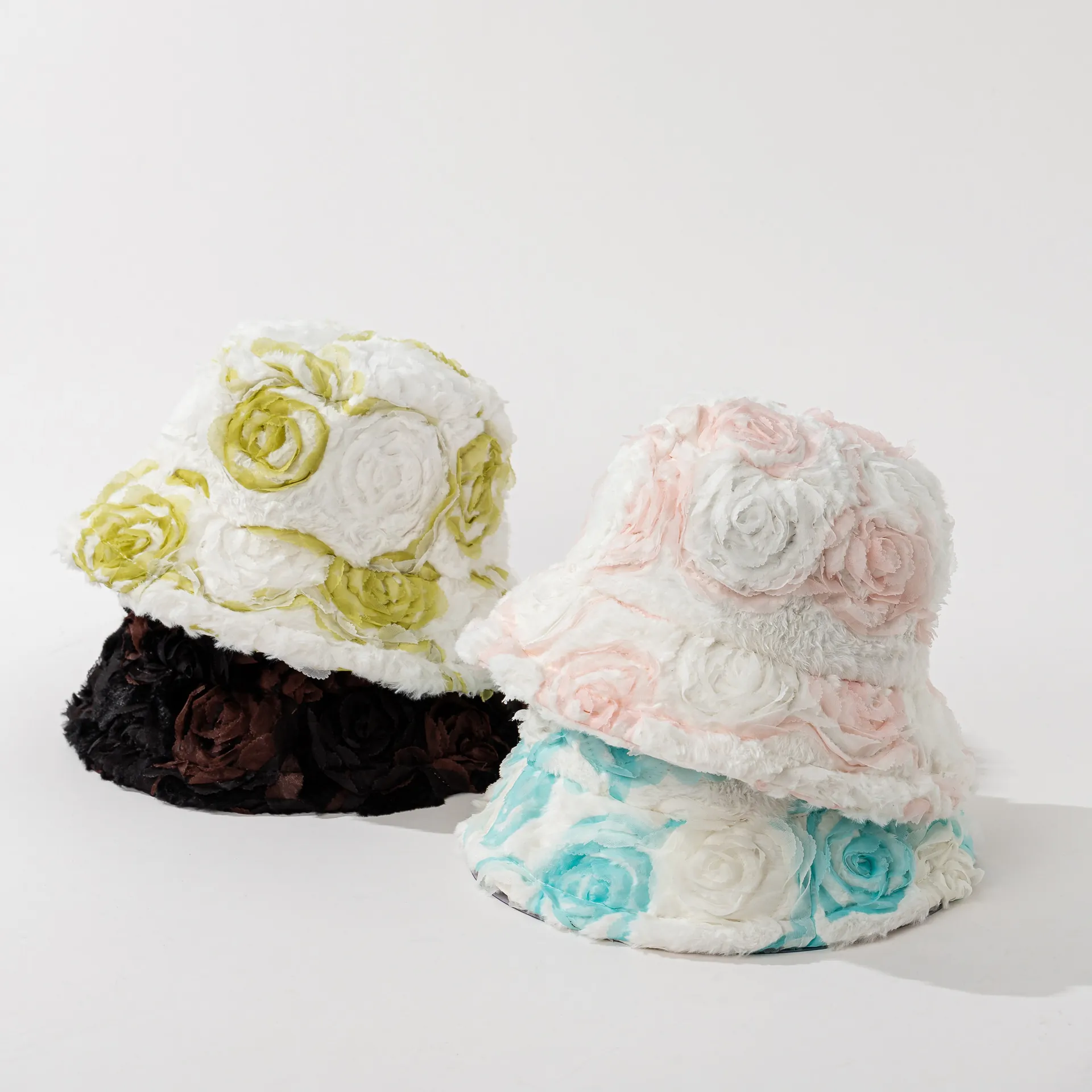 Bucket Hat 3D Rose Flower Plush Polyester Tulle Warm Winter Elegant Windproof Retro Adjustable For Women