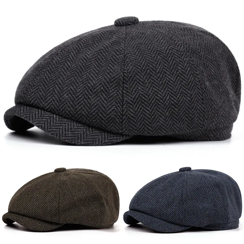 Men Retro Newsboy Cap Herringbone Pattern British Style Vintage Flat Cap Cabbie Hat Cotton Blend
