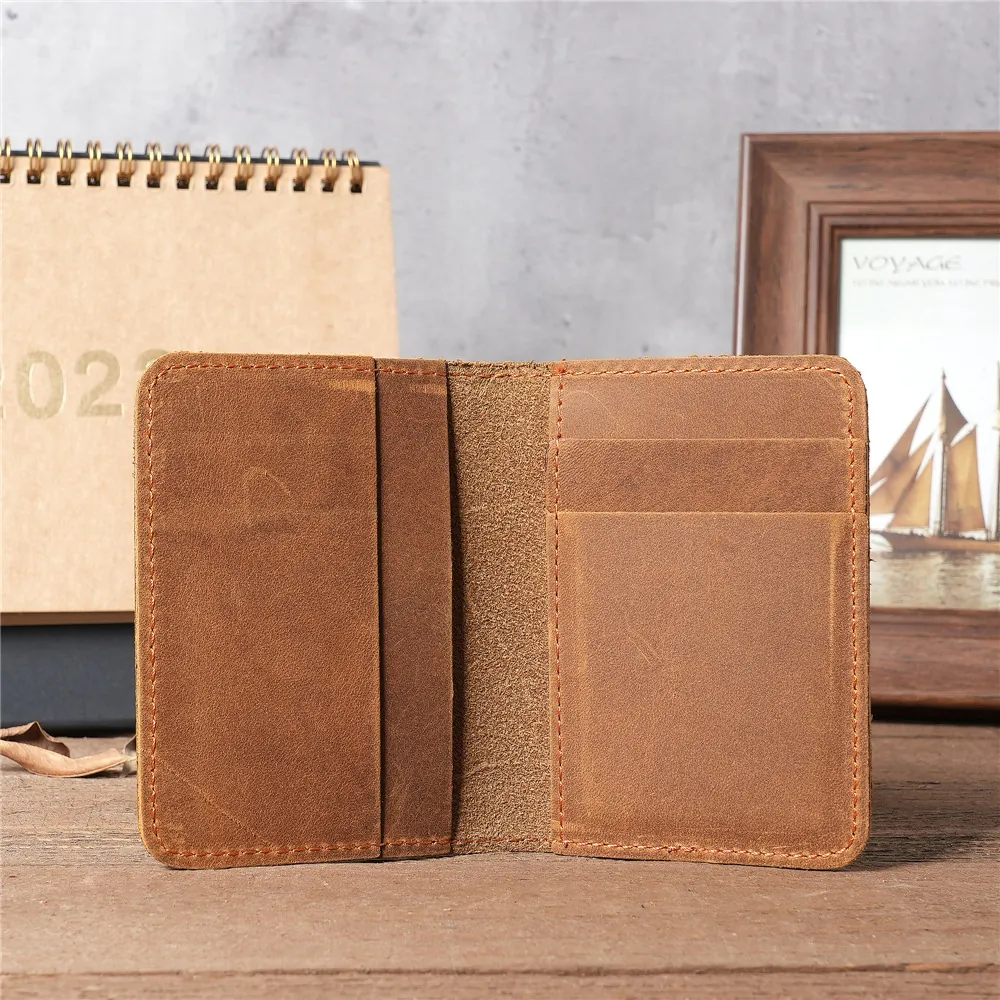 Men Genuine Leather Card Holder Vintage Crazy Horse Cowhide Slim Bifold Wallet Multi Slot Handmade Pocket Purse