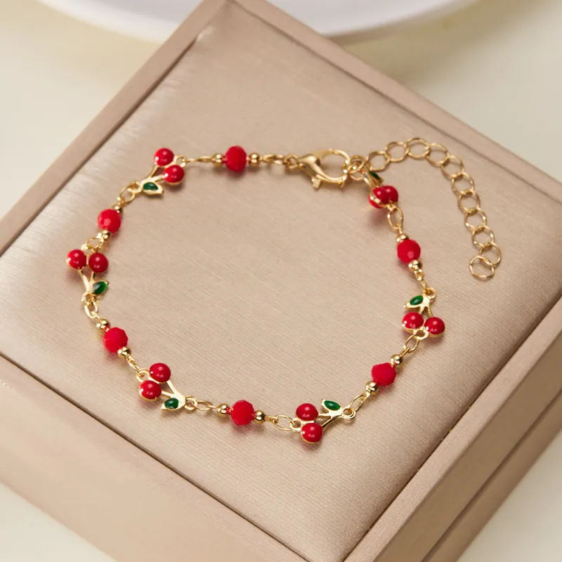 Women Charm Bracelet Copper Gold Plated Heart Cherry Flower Zircon Inlaid Adjustable Chain Jewelry Trendy Elegant
