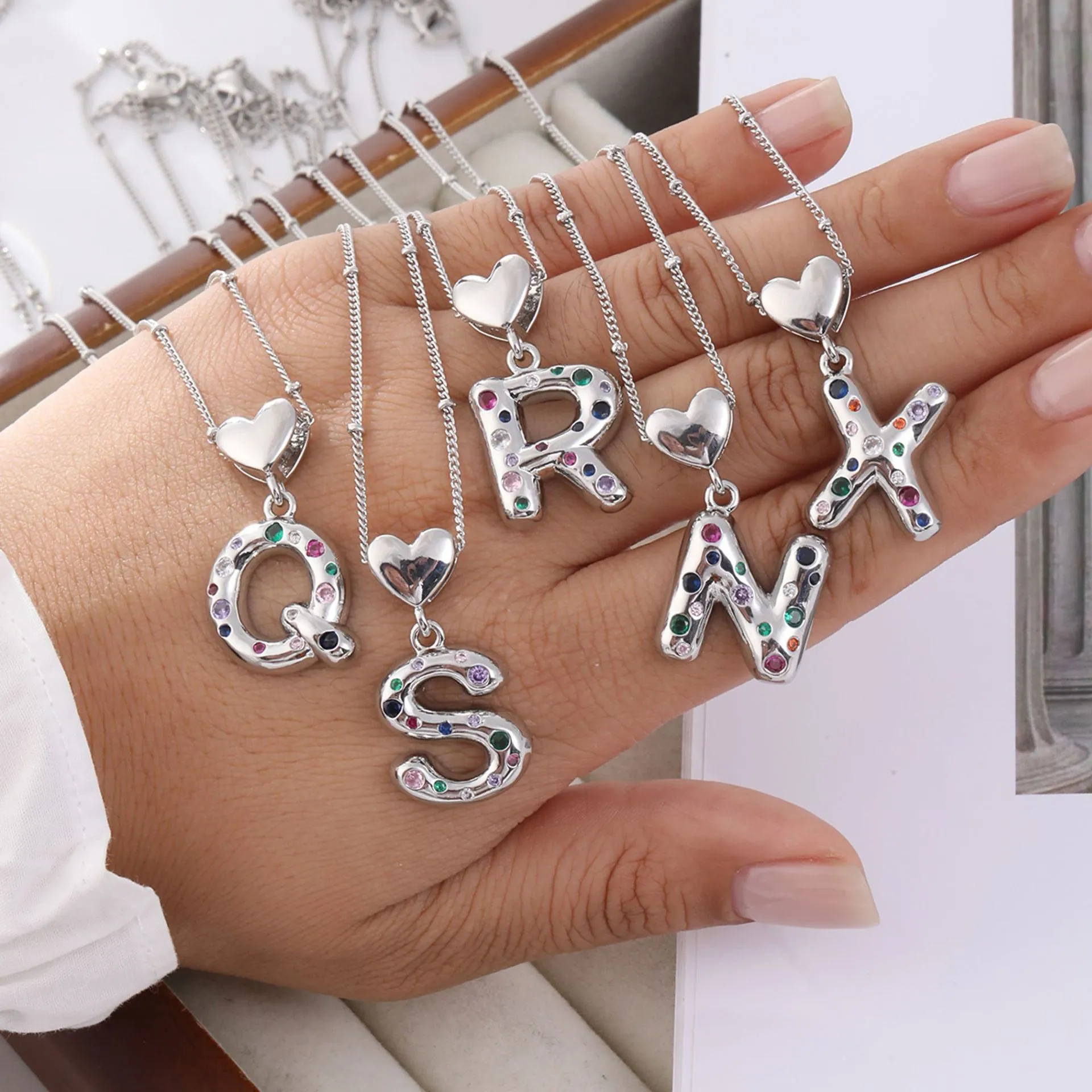 Copper Colorful Zirconia Alphabet Pendant Silver Heart Initial A-Z Necklace For Women Trendy Jewelry Gift For Wedding Party