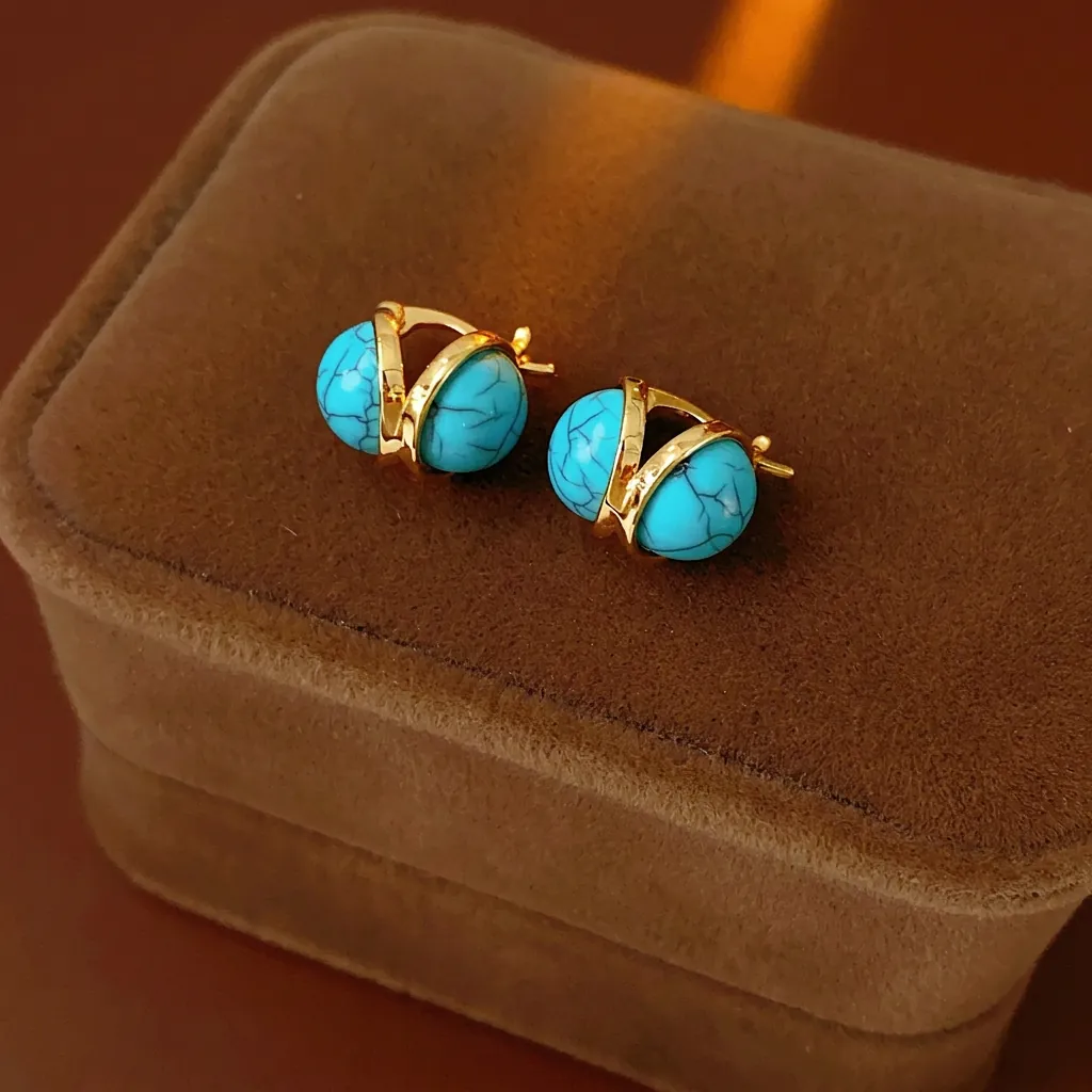 Boucles D'oreilles Créoles Vintage Doré Cuivre Avec Résine Marbre Bleu Style Turquoise Et Tige En Argent Pour Femmes