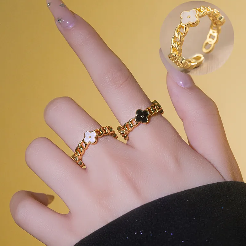 Four Leaf Clover Open Ring Gold Plated Copper Shell Flower Adjustable Cuban Chain Band Fashion Jewelry For Women