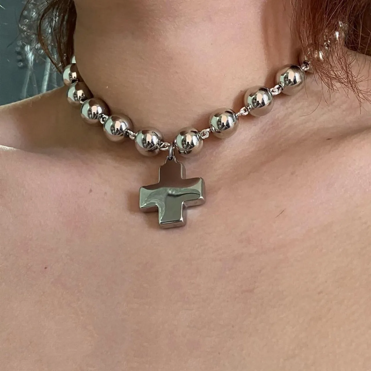 Collana con Pendente a Croce in Acciaio al Titanio Hip Hop per Uomo Donna Catena a Sfere Spessa Gioielli Punk alla Moda