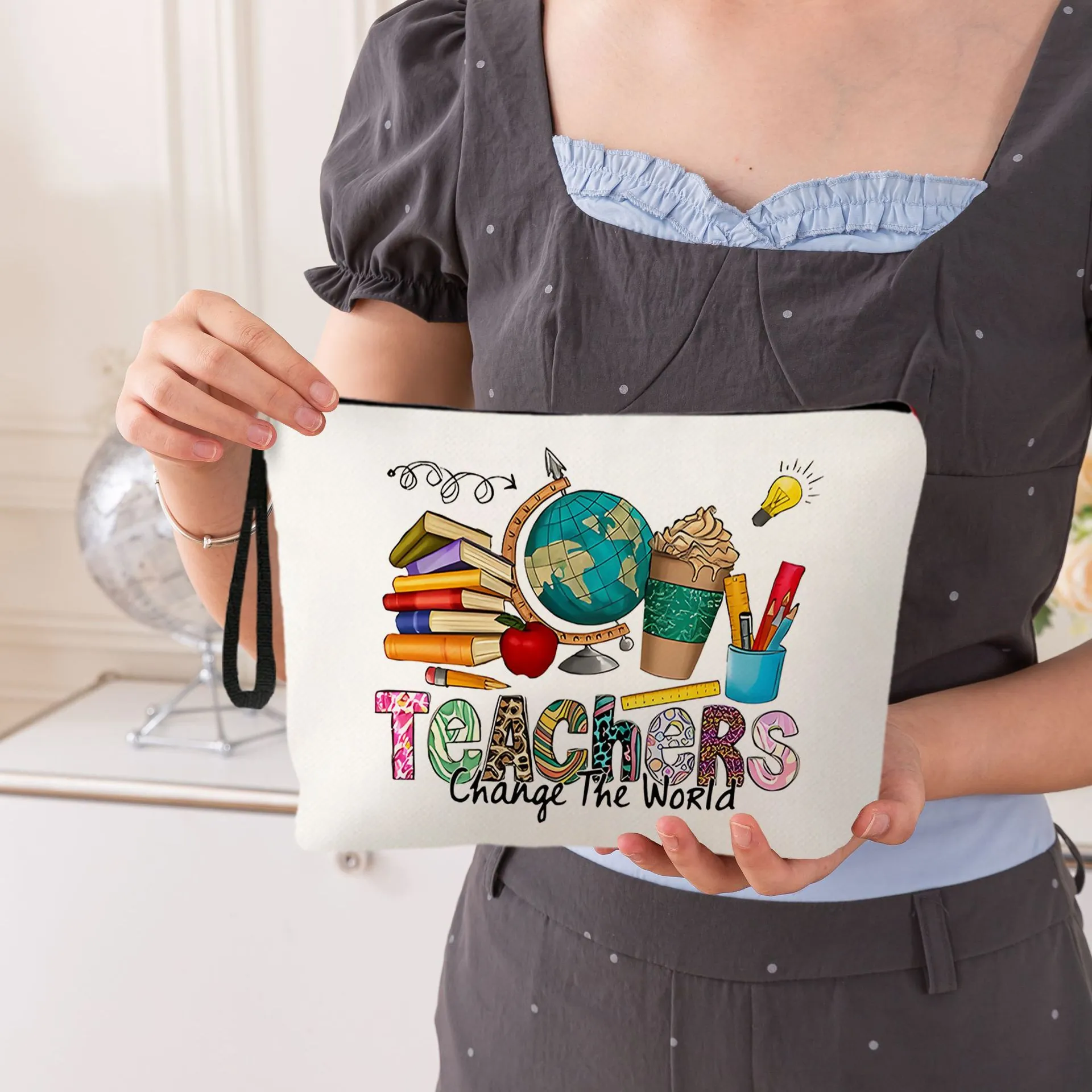Teacher Appreciation Gift Cosmetic Bag Linen Zipper Pouch Travel Makeup Organizer For Teachers School Education Theme