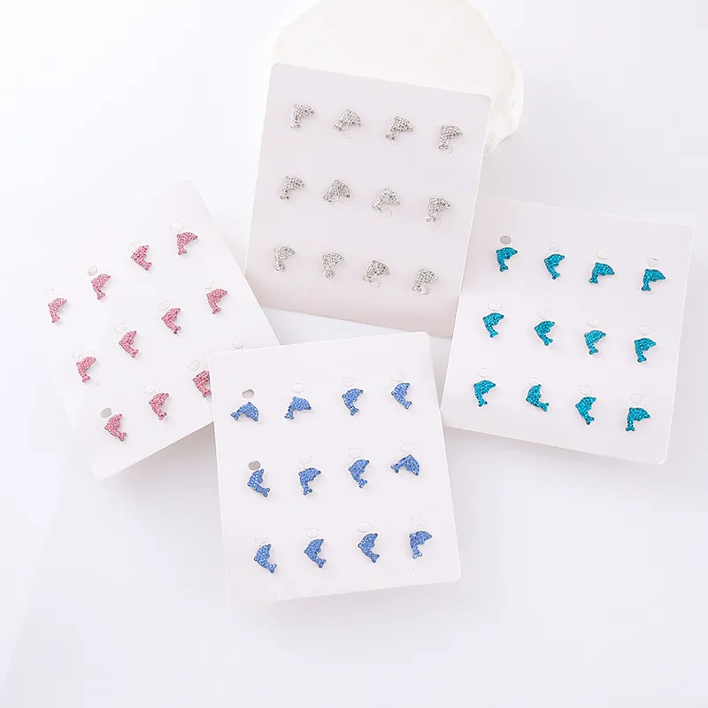 Dolphin Stud Earrings 304 Stainless Steel Rhinestone Glitter Exquisite Small Animal Jewelry For Women Girls Fresh Sweet