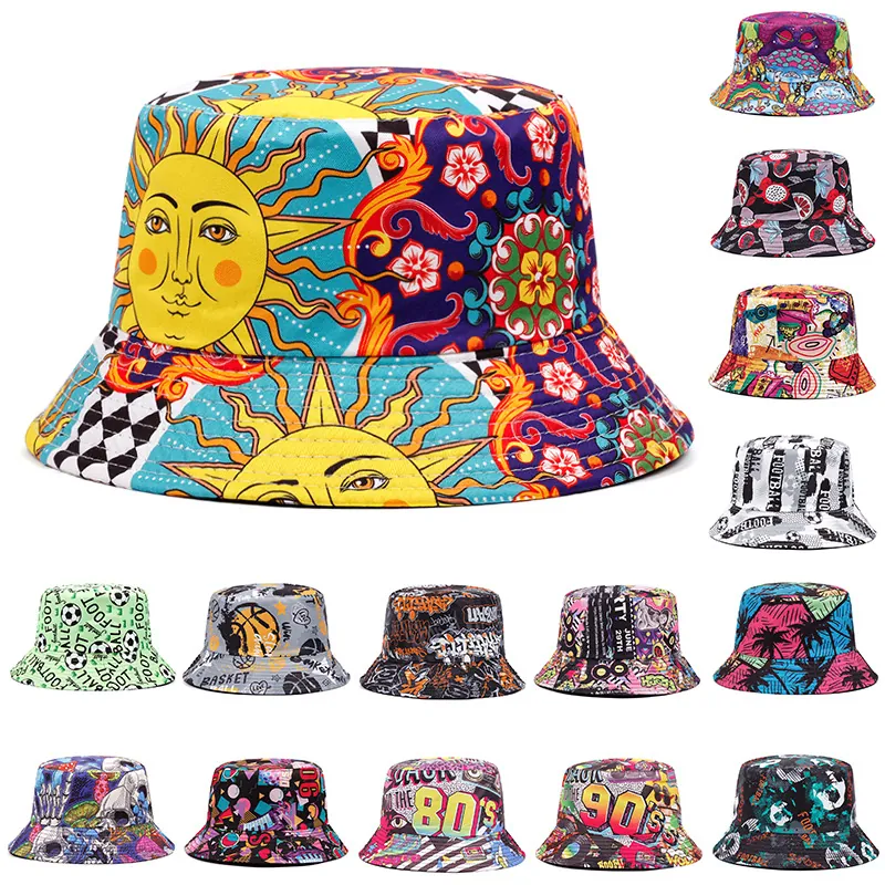 Polyester Bucket Hat Sun Protection Foldable Vintage Graffiti Print Sun Face Pattern Multicolor Fisherman Hat For Women Men Outdoor