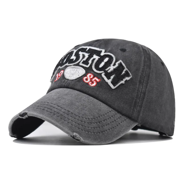 Vintage Washed Cotton Baseball Cap Distressed Frayed Edge 3D Boston Letter Embroidery Adjustable Retro Sun Hat