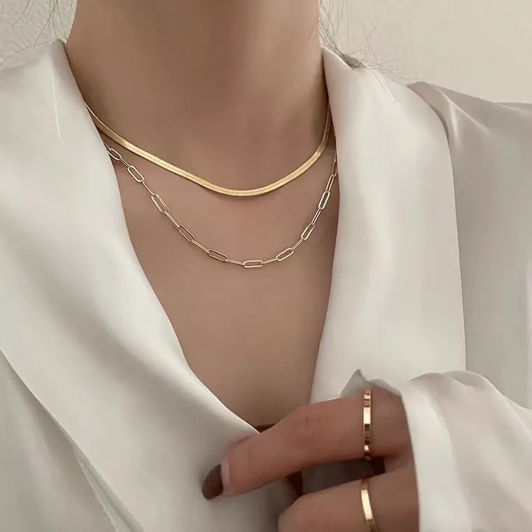 Double Layered Snake And Paperclip Chain Necklace Titanium Steel Gold Plated Minimalist Geometric Jewelry For Women