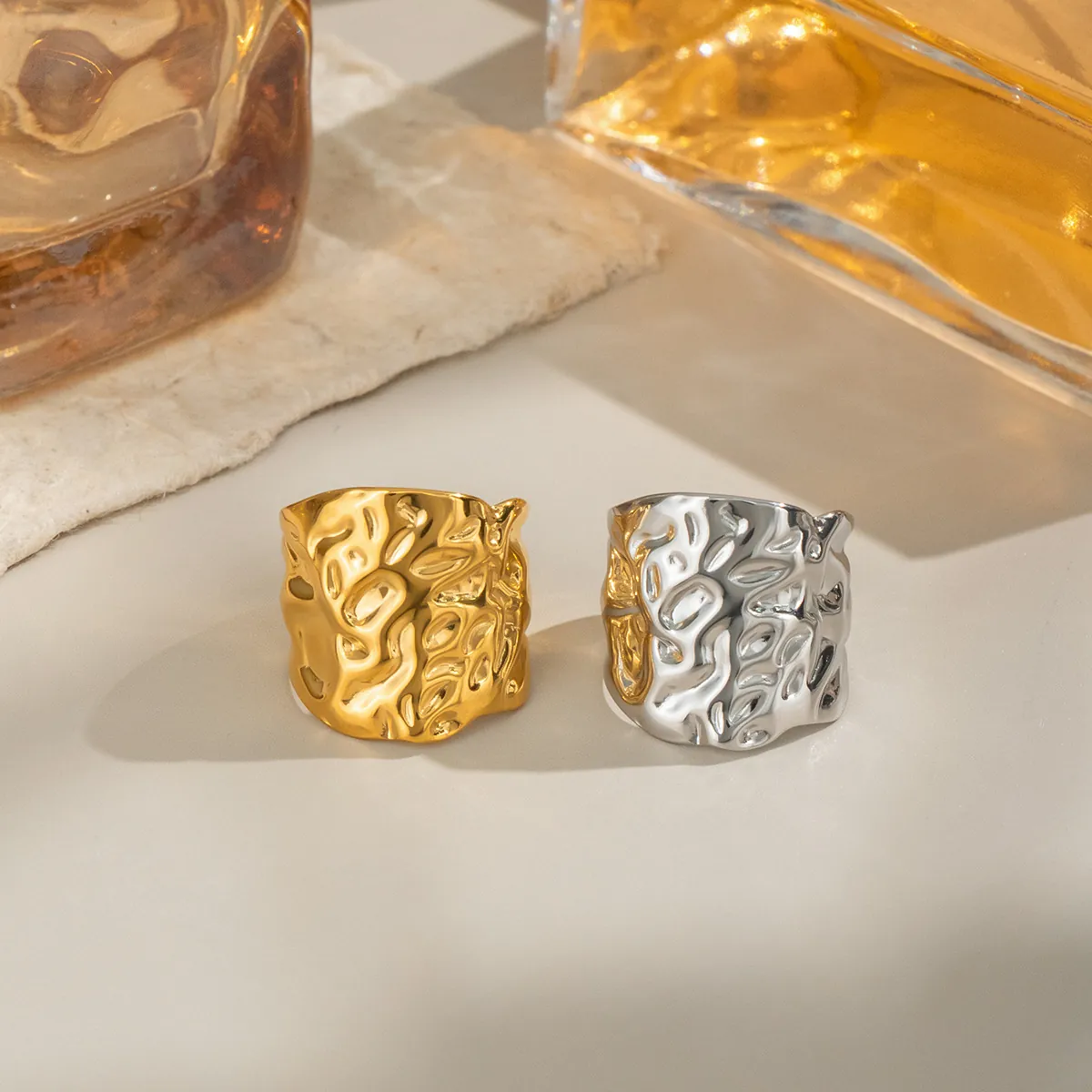 Stainless Steel 304 Wide Band Ring Hammered Irregular Wrinkled Texture Waterproof Hypoallergenic Streetwear Style Women