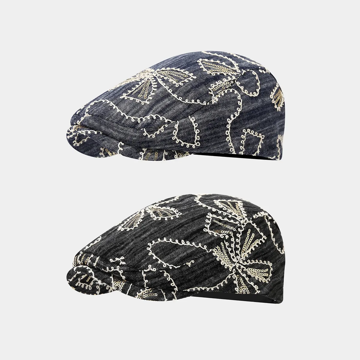 Denim Ivy Cap Cotton Sequin Embroidery Retro Vintage Flower Pattern Adjustable Sun Protection For Men Women