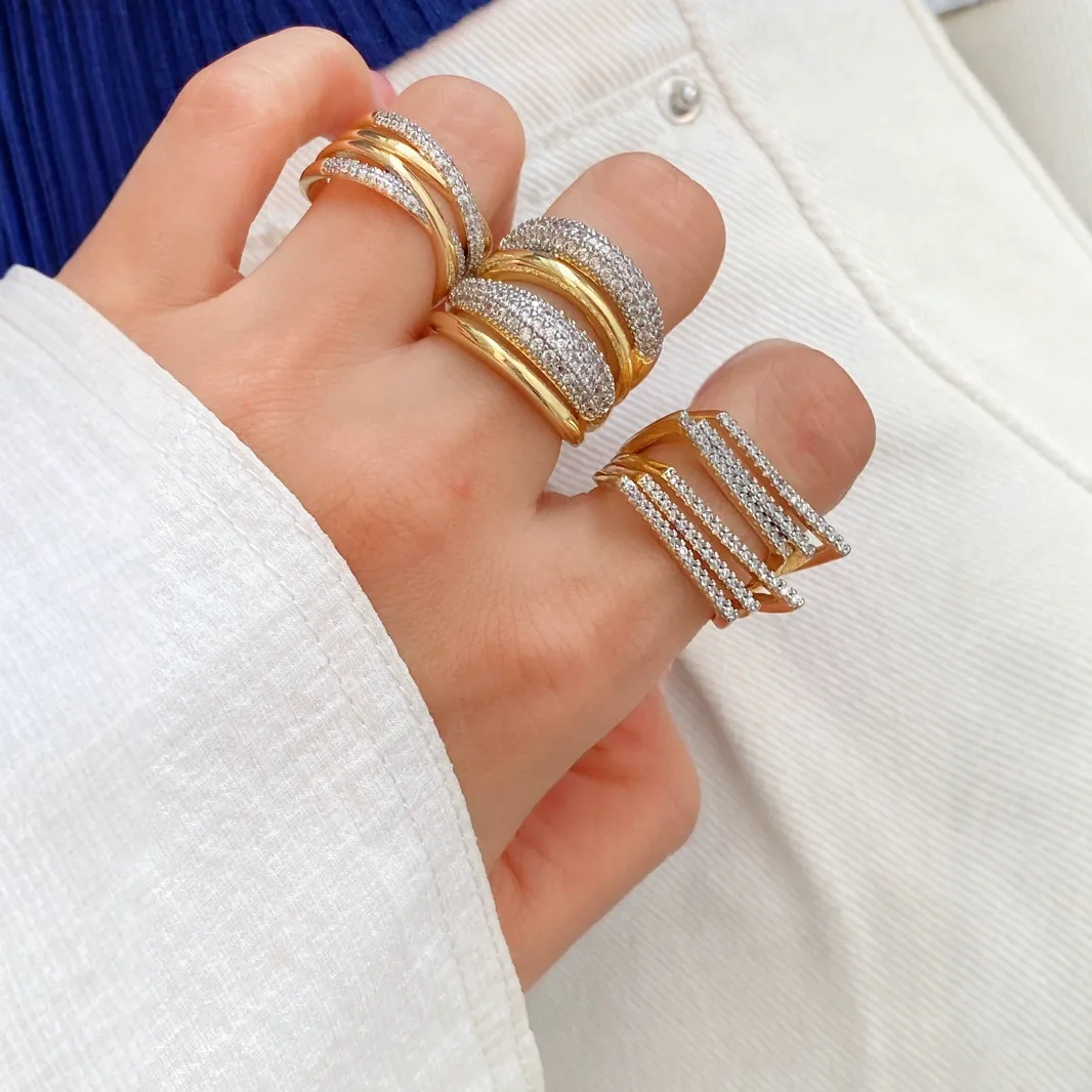 Anello Aperto in Rame Placcato Oro 18K con Zirconia per Donna Moda Multistrato Geometrico Regolabile Gioielli Regalo