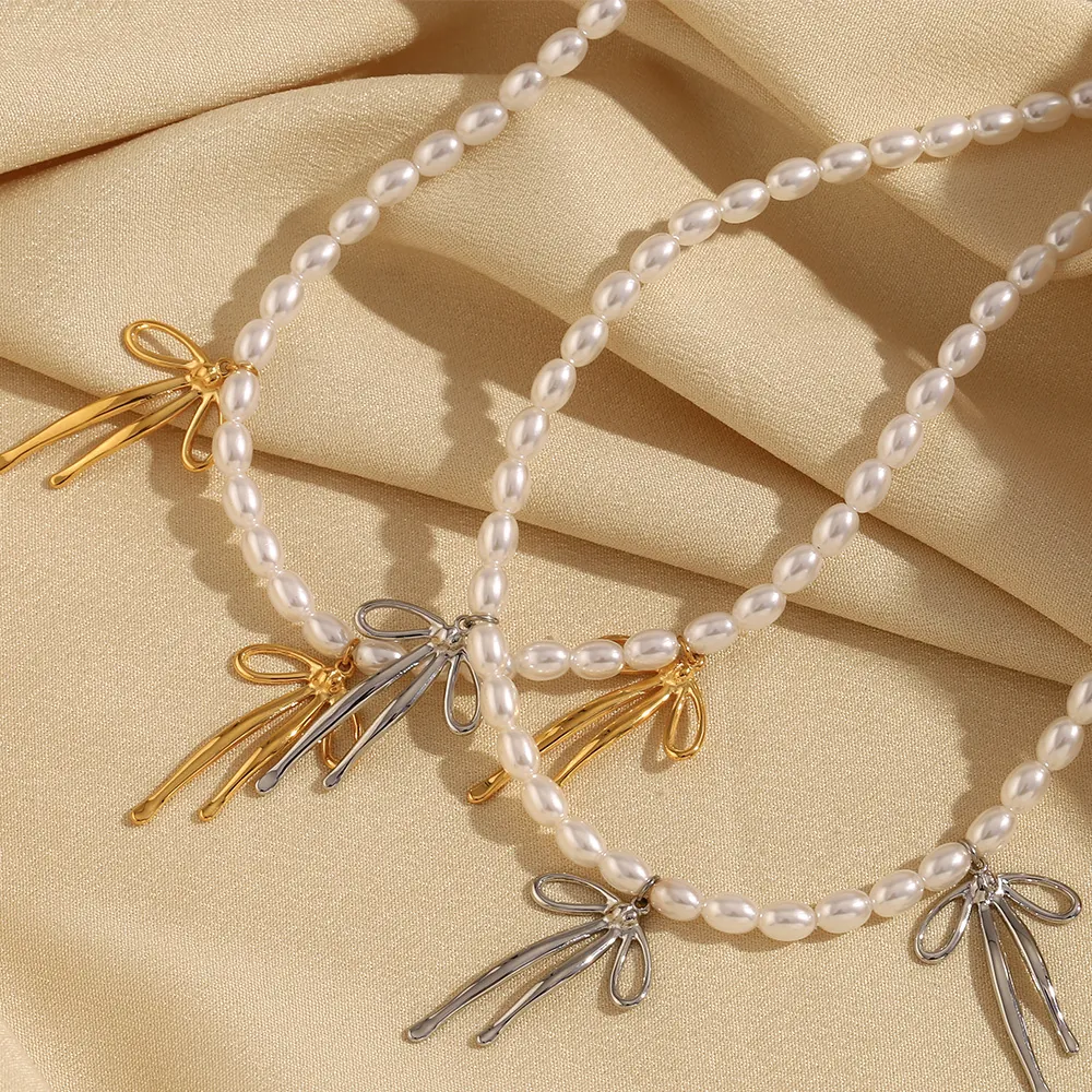 Collier Pendentif Noeud Papillon Acier Inoxydable Plaqué Or 18K Imitation Künstliche Perle Élégant Mode Pour Femmes
