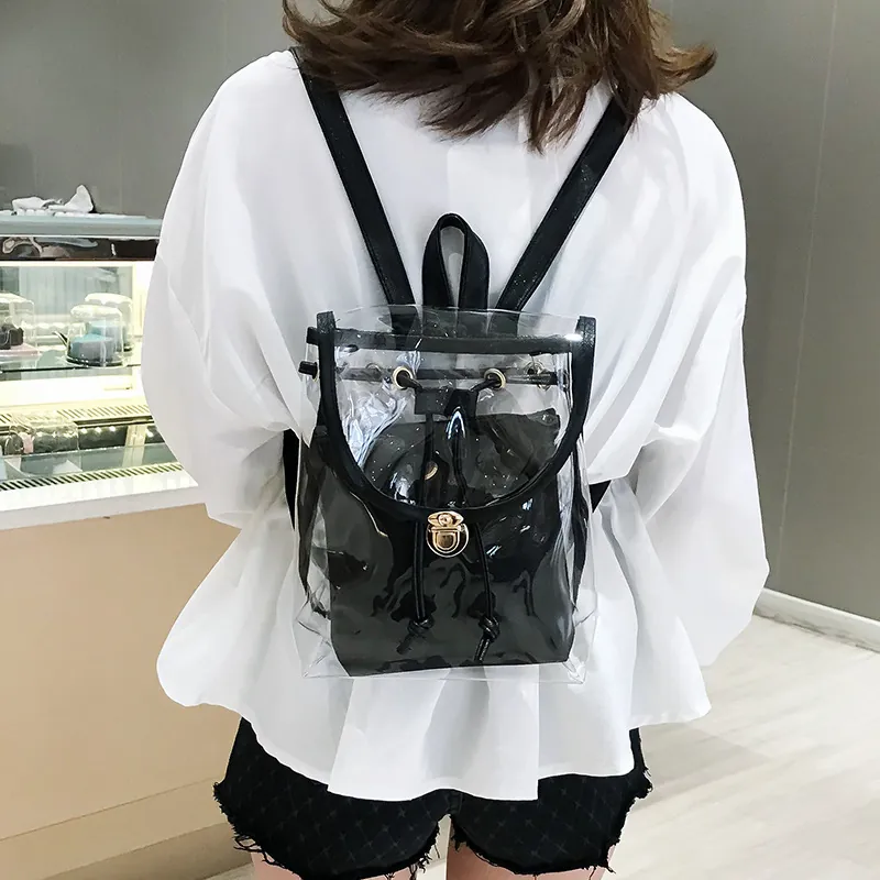 Transparent PVC Backpack For Women With Inner Pouch Jelly Clear Bag Summer Travel Fashion Waterproof PU Leather Trim