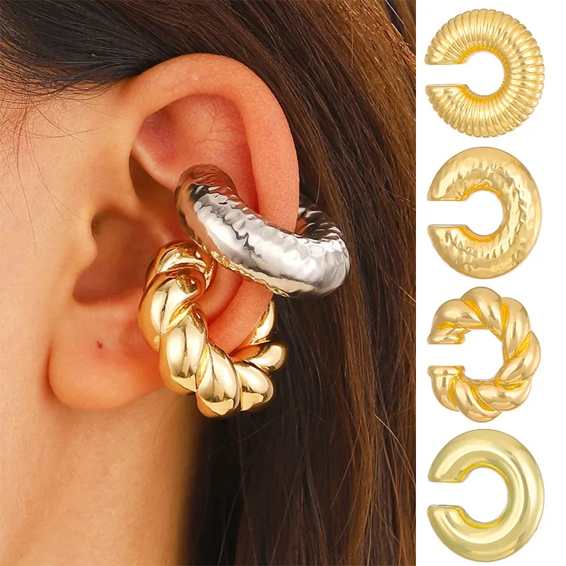 Chunky Ear Cuffs For Women Non Piercing Alloy Metal Ribbed Hammered Twisted C Shape Clip On Earrings Minimalism Fashion