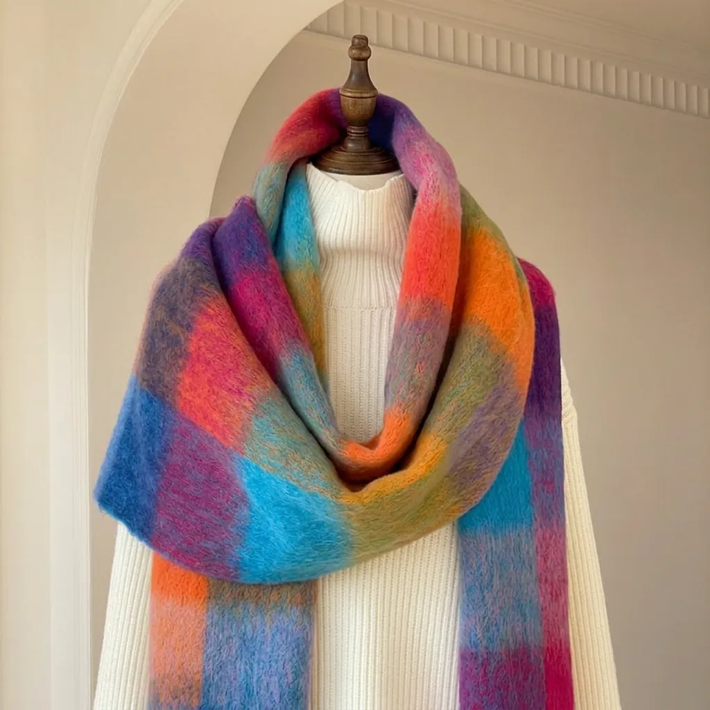 Niche Gradient Plaid Thick Scarf For Women Colorful Warm Shawl With Tassels Soft Mohair Feel Winter Neck Wrap Casual Pashmina