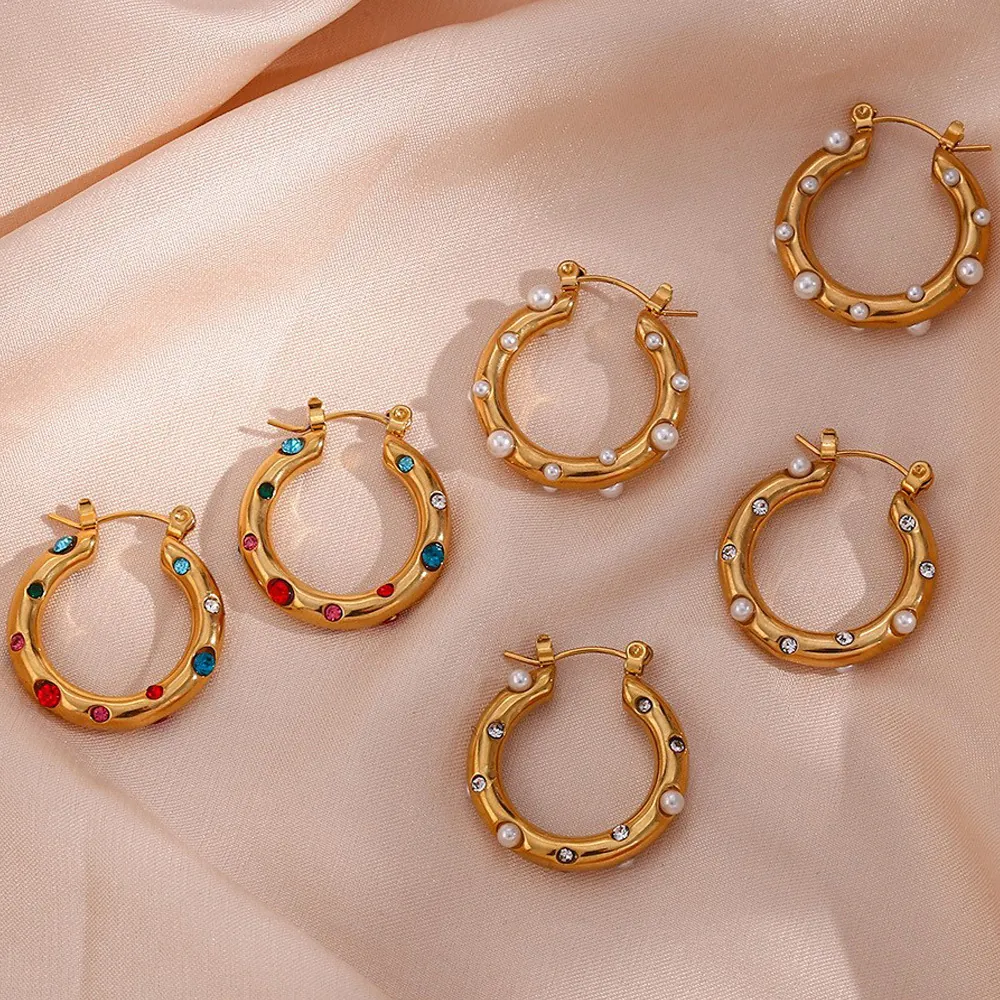 18K Gold Plated Stainless Steel Hoop Earrings Colorful Cubic Zirconia Imitation Artificial Pearl Retro Elegant Fashion Jewelry Women