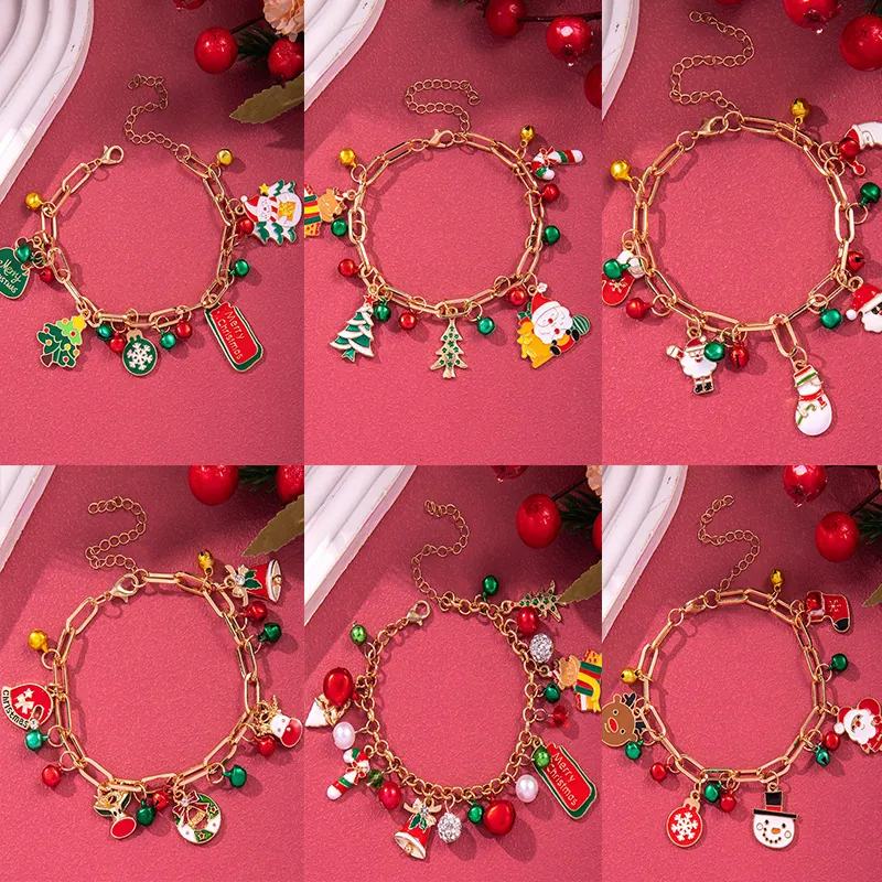 Christmas Charm Bracelet Alloy Enamel Resin Faux Artificial Pearl Santa Claus Snowman Reindeer Snowflake Bells Festive Jewelry