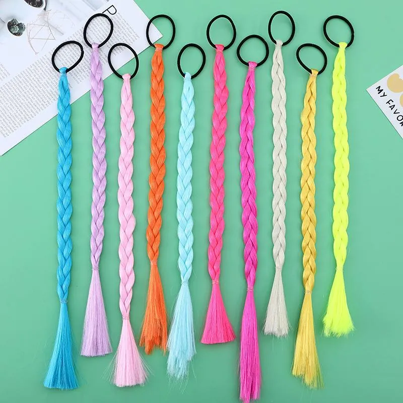 Girls Kids Colored Wig Braids Hair Ties Synthetic Fiber Long Twist Braid Elastic Hair Bands For Party Hair Decor