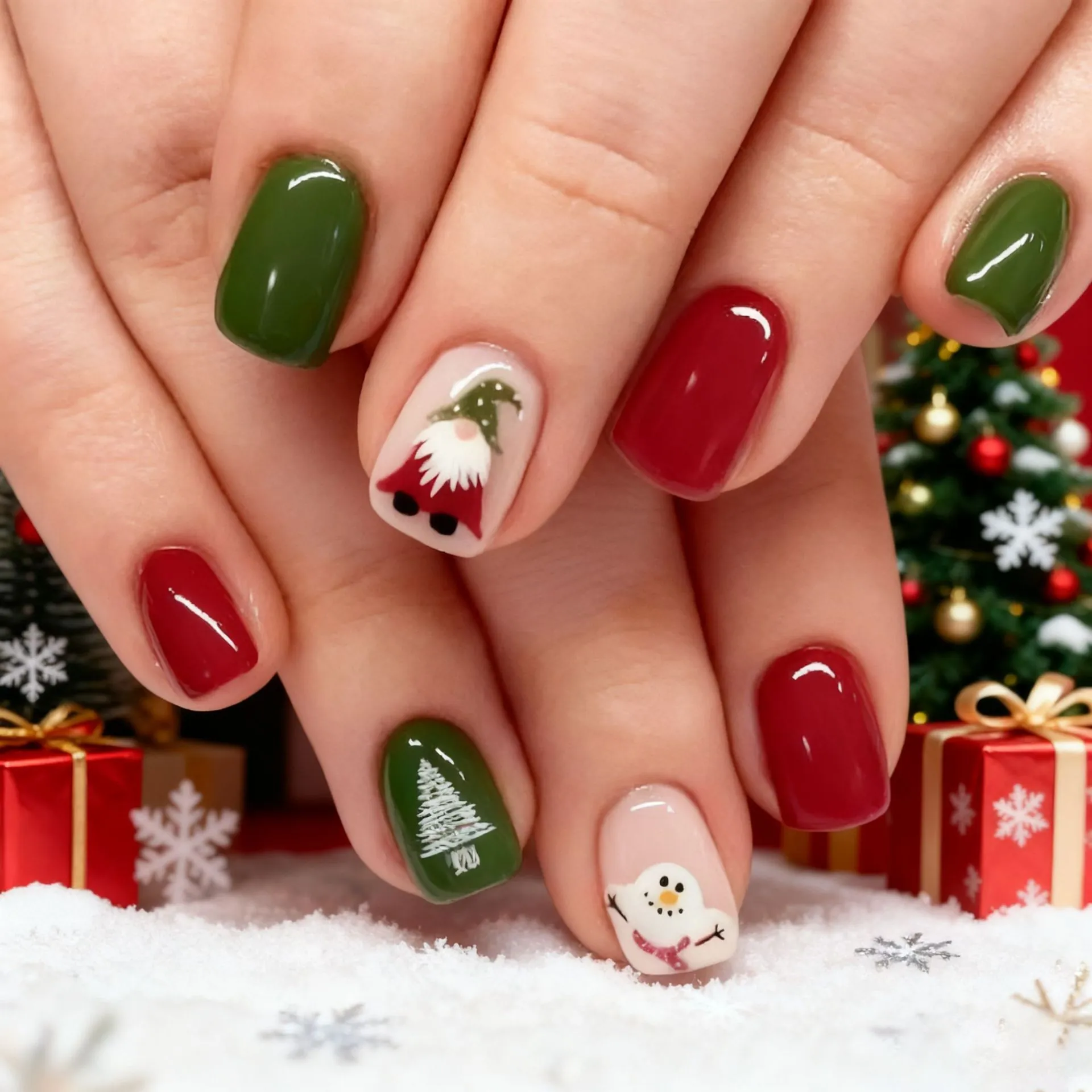 Weihnachten Kurz Quadratische Nägel Zum Aufdrücken Glänzende Weihnachtsmann Schneemann Muster Künstliche Nägel Damen