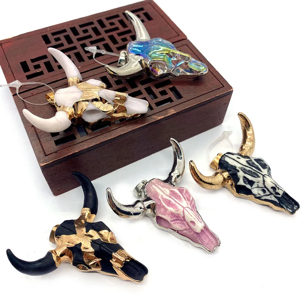 Bull Head Skull Pendant Acrylic Resin Alloy Charms With Metal Bail For DIY Jewelry Making