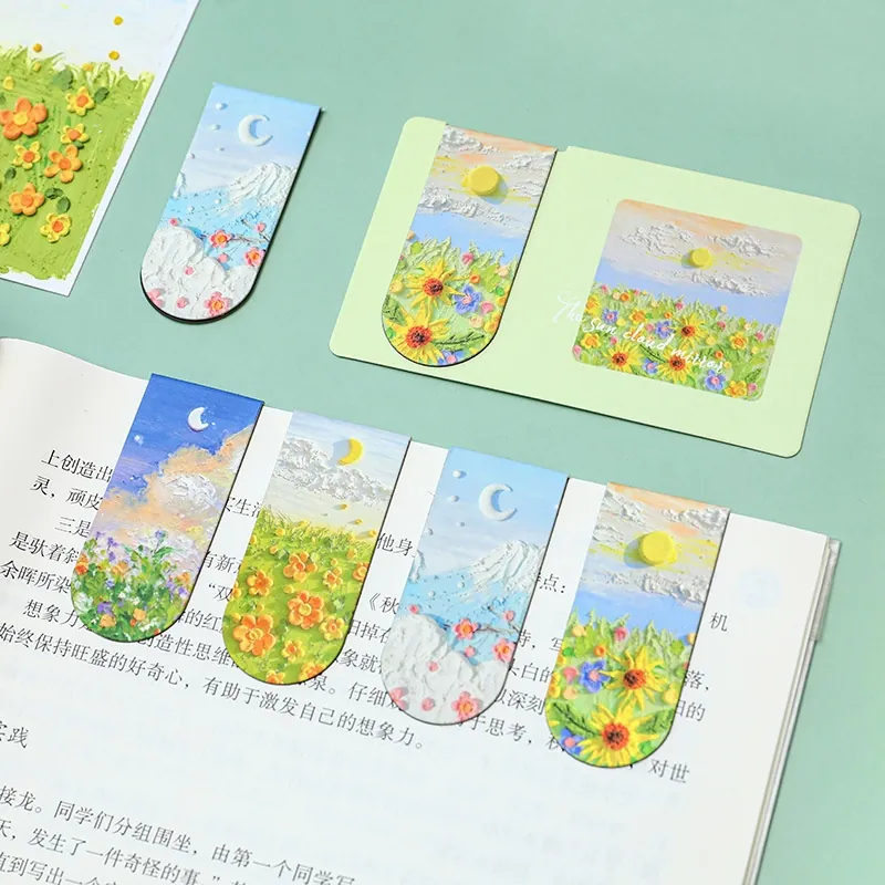 Magnetic Bookmarks Artistic 3D Relief Oil Painting Texture Floral Landscape Folding Page Marker Aesthetic Art Stationery