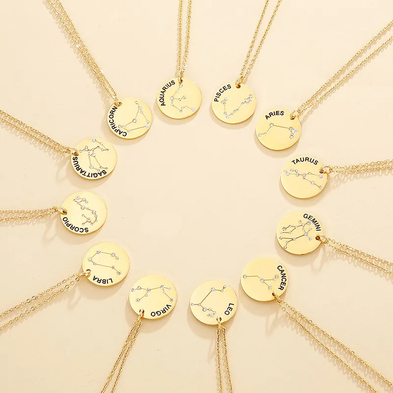 Zodiac Constellation Pendant Necklace Stainless Steel Gold Plated Rhinestone Star Map Round Coin Medallion Fashion Jewelry For Women