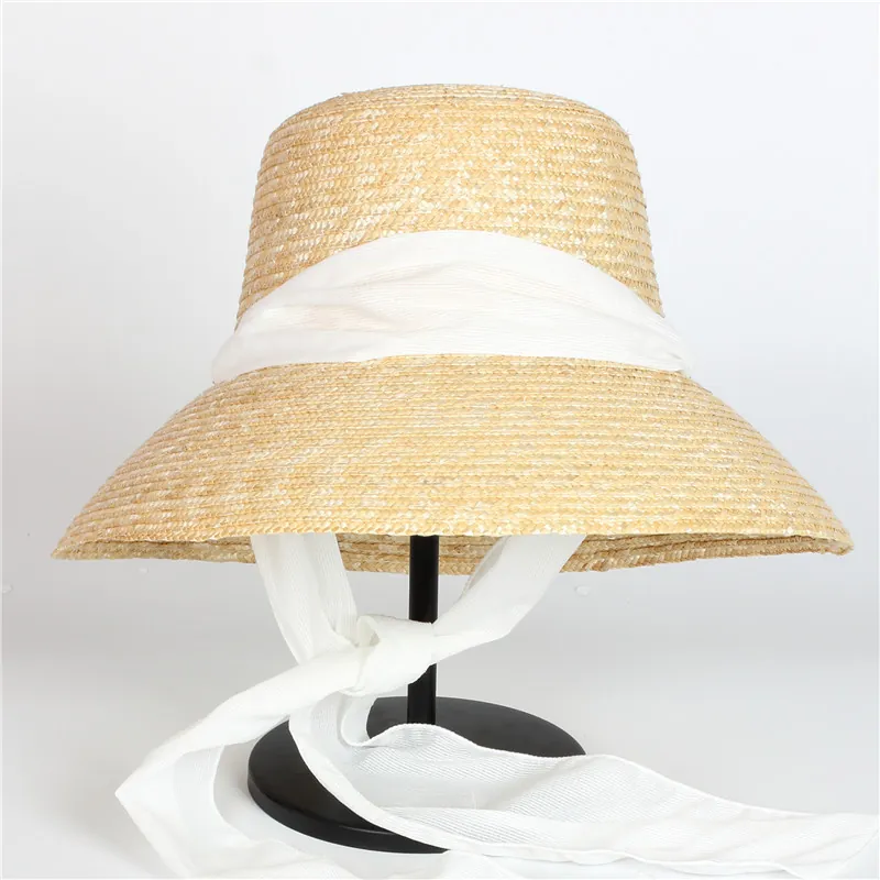 Women Wide Brim Straw Hat Hepburn Style Sun Protection Summer Beach Vacation Breathable Decorative Ribbon Adjustable