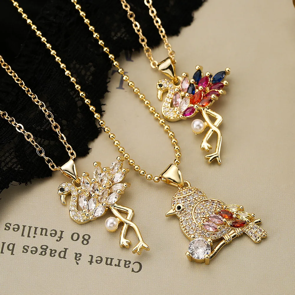 Flamingo Bird Pendant Necklace Gold Plated Copper Colorful Zircon Imitation Artificial Pearl Elegant Jewelry For Women