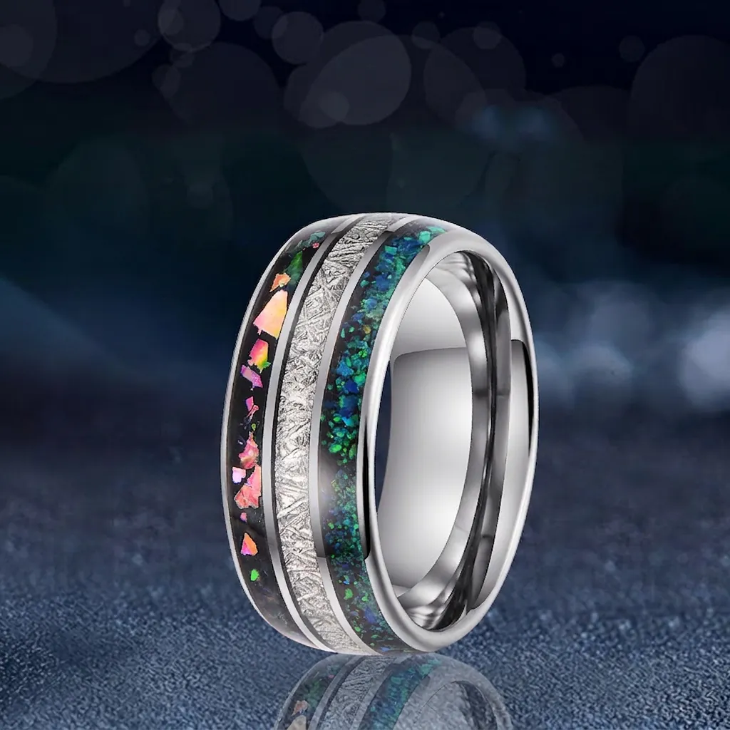 Men Tungsten Steel Ring Inlaid With Synthetic Opal And Meteorite Texture Band Polished Modern Luxury Finger Jewelry
