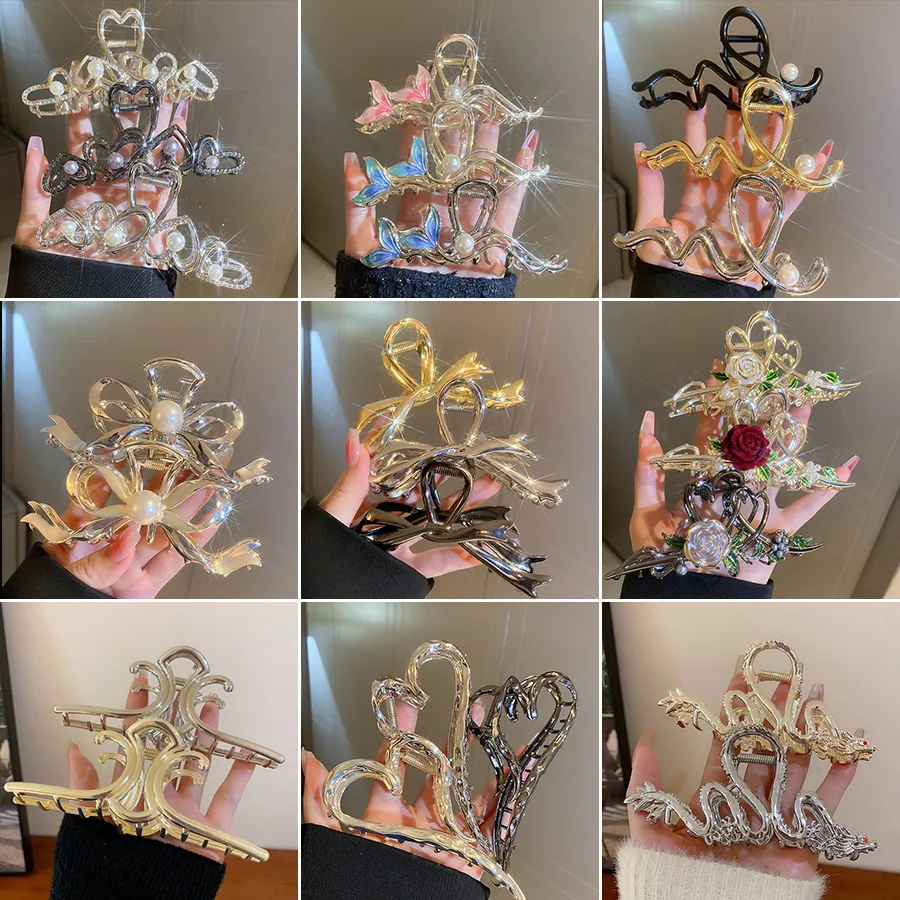Pince À Cheveux Métal Élégante Grande Style Coréen Cœur Nœud Feuille Antidérapante Maintien Fort Alliage Accessoires Cheveux Femme