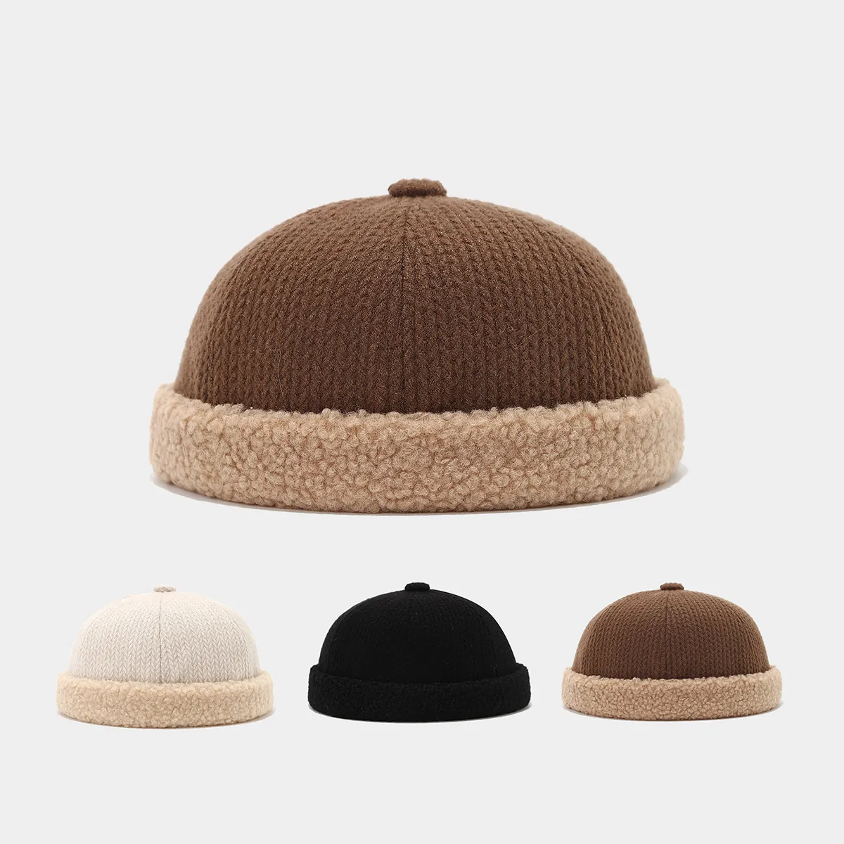 Docker Hat Brimless Beanie Cap Knitted Polyester Sherpa Lined Warm Winter Retro Unisex Adjustable Miki Cap