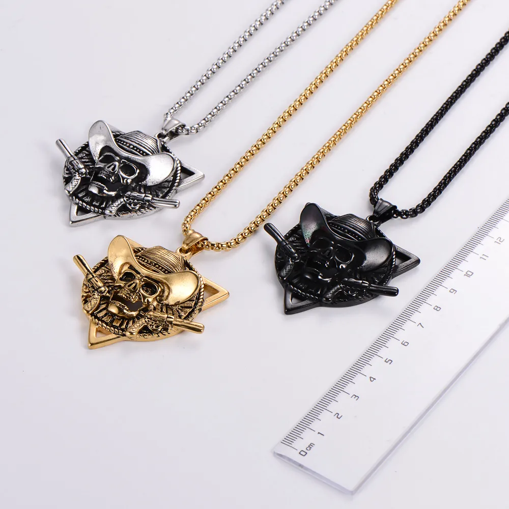 Collana Con Ciondolo Teschio Acciaio Inossidabile 304 Pistole Incrociate Cappello Da Cowboy Capitano Pirata Gioielli Punk Hip Hop Da Uomo
