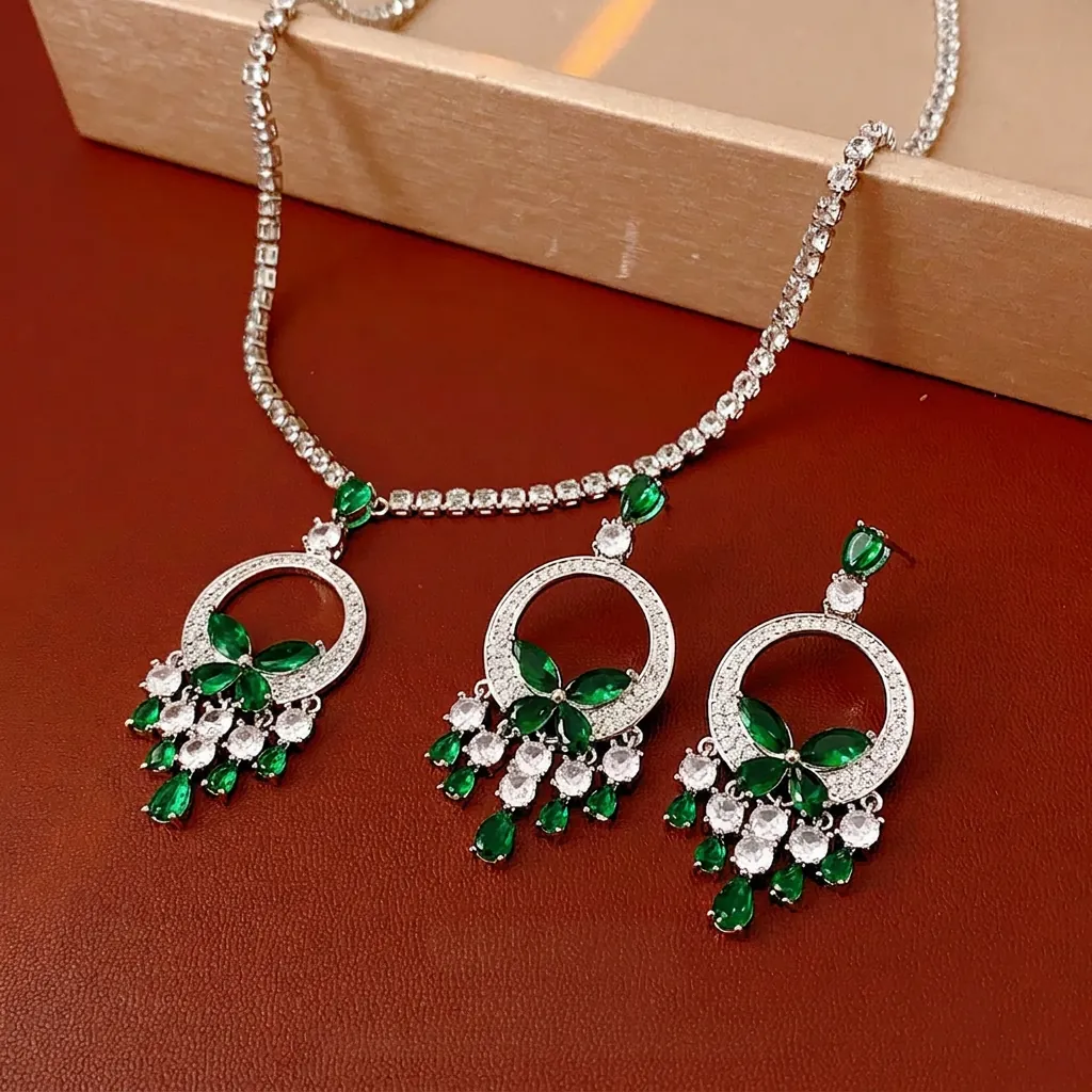 Parure De Bijoux Collier Et Boucles D'oreilles En Zircon Vert Émeraude Avec Tige D'oreille En Argent Cuivre Femme