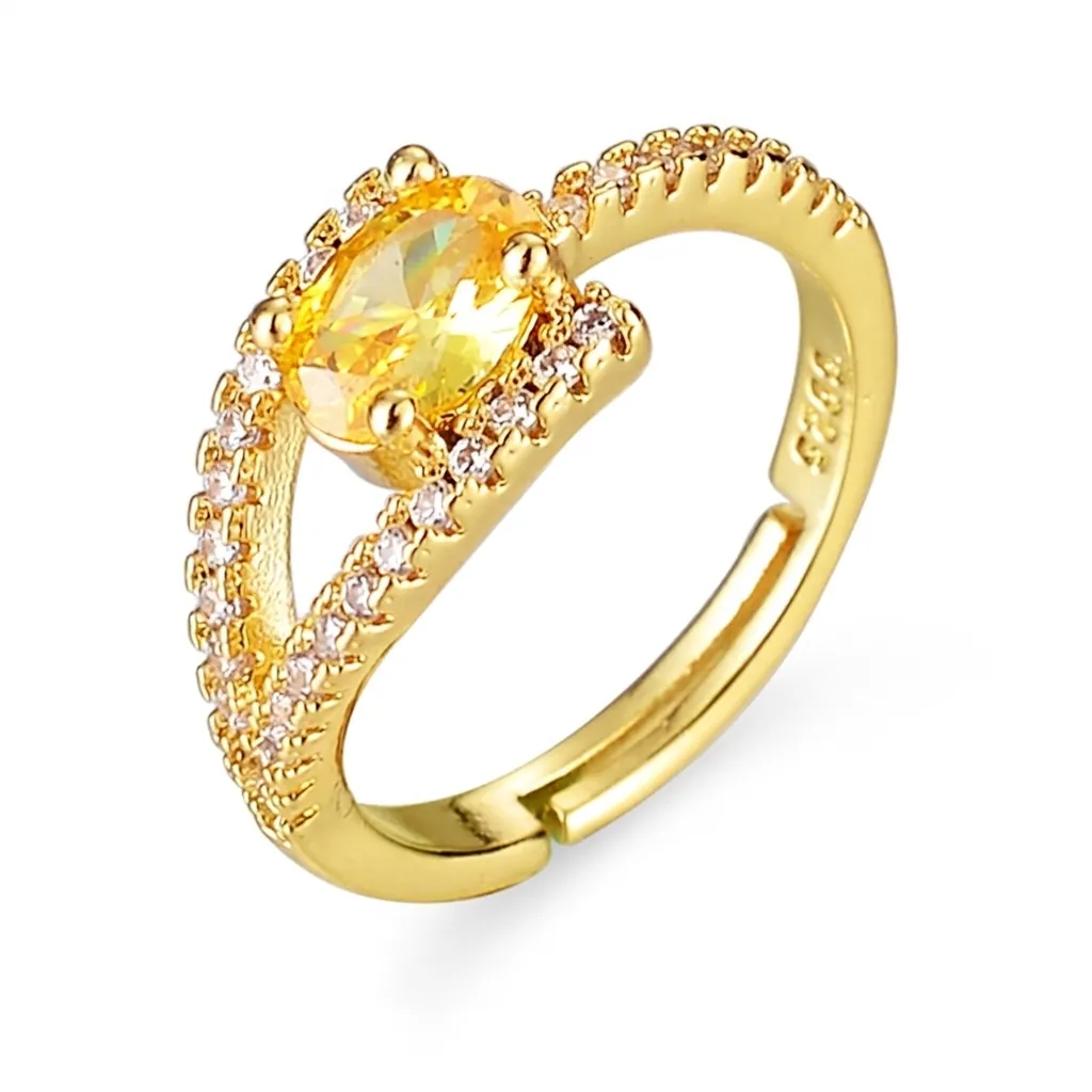 Anello Regolabile Donna Zircone Giallo Ovale Rame Placcato Oro Micro Pavé Gioielli Eleganti Lusso