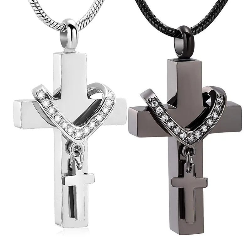 Stainless Steel Cross Cremation Urn Necklace Heart Zircon Pendant Memorial Keepsake Jewelry For Ashes Unisex