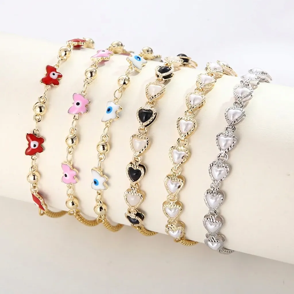 Enamel Evil Eye Heart Butterfly Charm Bracelet Copper Stainless Steel Adjustable Box Chain Jewelry Gift For Her