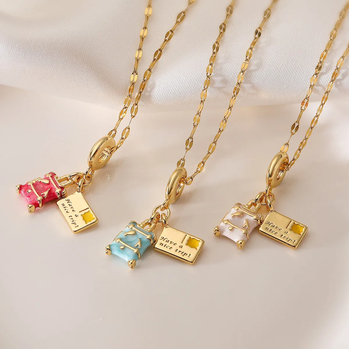 Travel Suitcase Enamel Pendant Necklace Copper Gold Plated Have A Nice Trip Engraved Geometric Chic Jewelry For Women