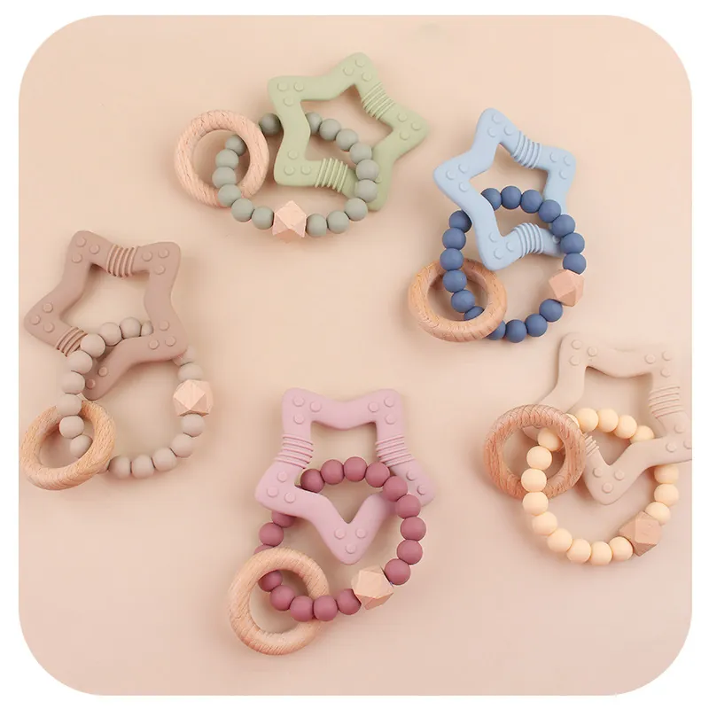 Baby Teether Rattle Bracelet Silicone Star Beech Wood Beads Soothing Sensory Toy For Infant Oral Care