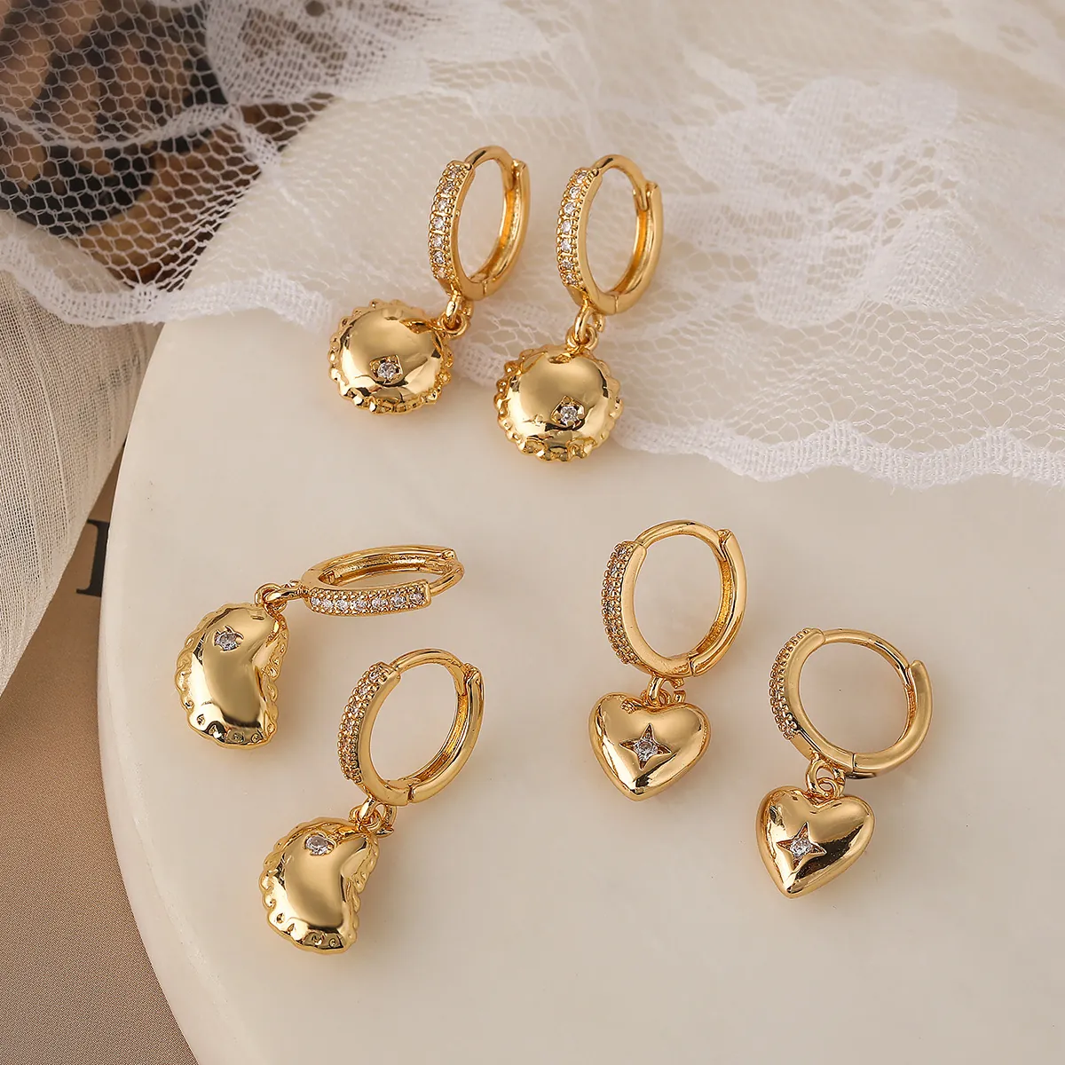 Orecchini In Rame Placcati Oro Vero Zircone Geometrico Cuore Luna Ciondoli Tondi Minimalista Gioielli Donne