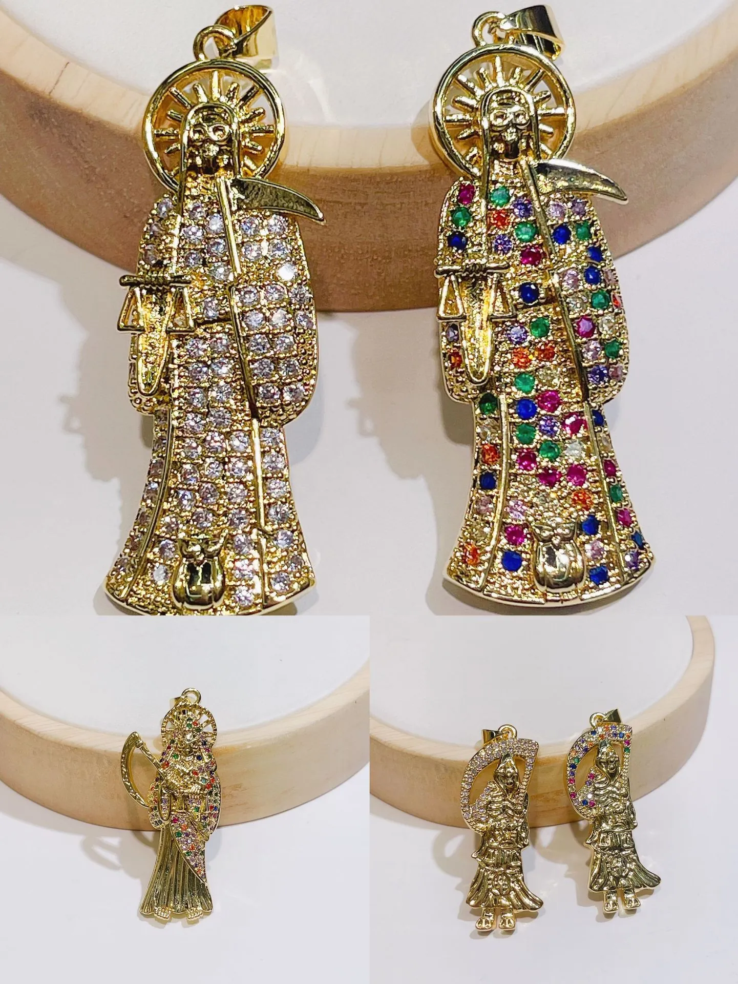 Gothic Santa Muerte Pendant Necklace For Men Women Copper Gold Plated Zirconia Rhinestone Iced Out Hip Hop Religious Jewelry Gift