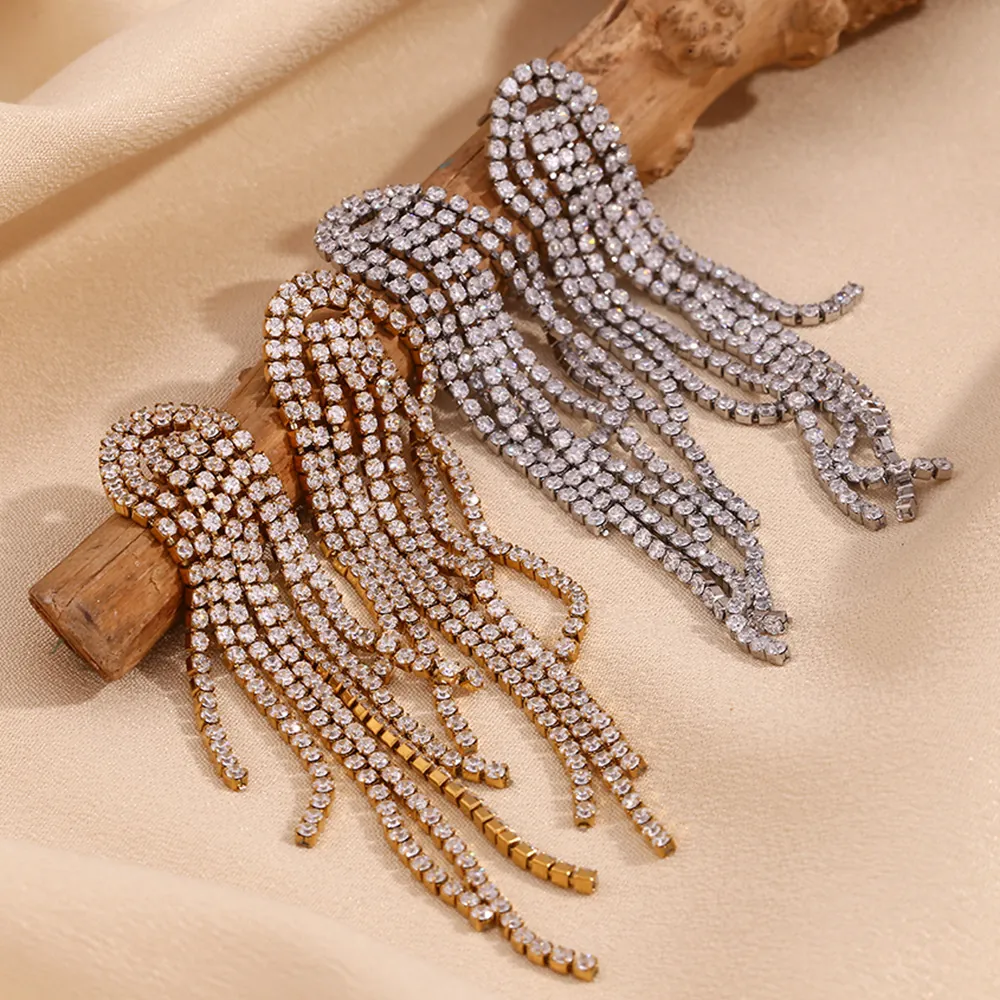 European American Fashion Long Tassel Drop Earrings Stainless Steel 18K Gold Plated Rhinestone Banquet Wedding Jewelry For Women