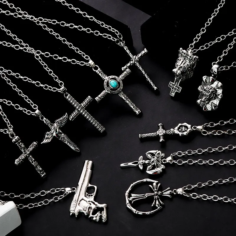 Vintage Gothic Cross Skull Pendant Necklace Alloy Punk Hip Hop Grunge Rock Jewelry For Men Women