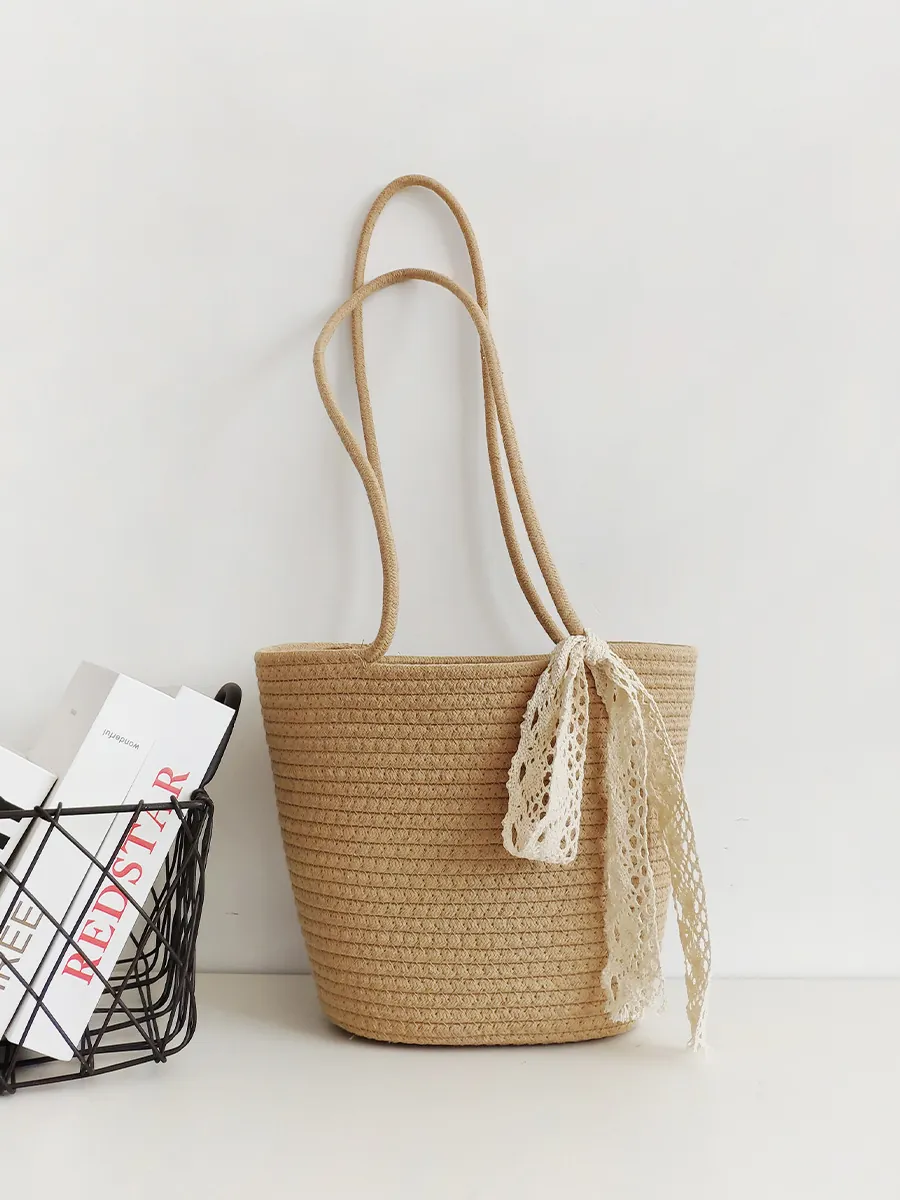 Women Woven Shoulder Bag Cotton Rope Tote Large Capacity Lace Ribbon Beach Vacation Casual Style