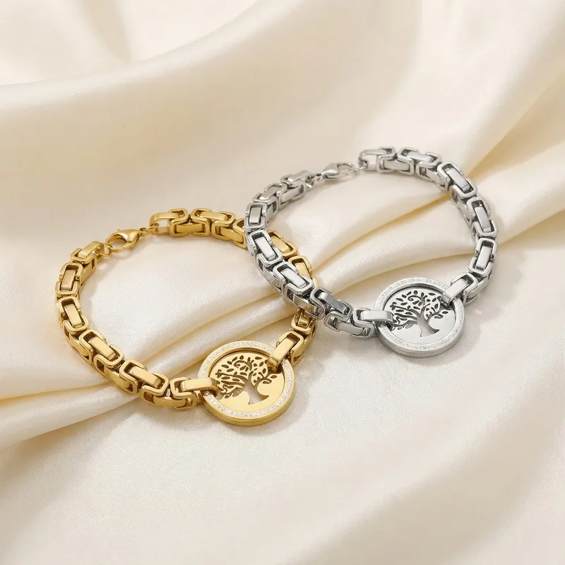 Bracelet Arbre De Vie En Acier Inoxydable Plqué Or Chaîne Byzantine Pour Femmes Avec Pendentif Creux En Zircone Style Vintage