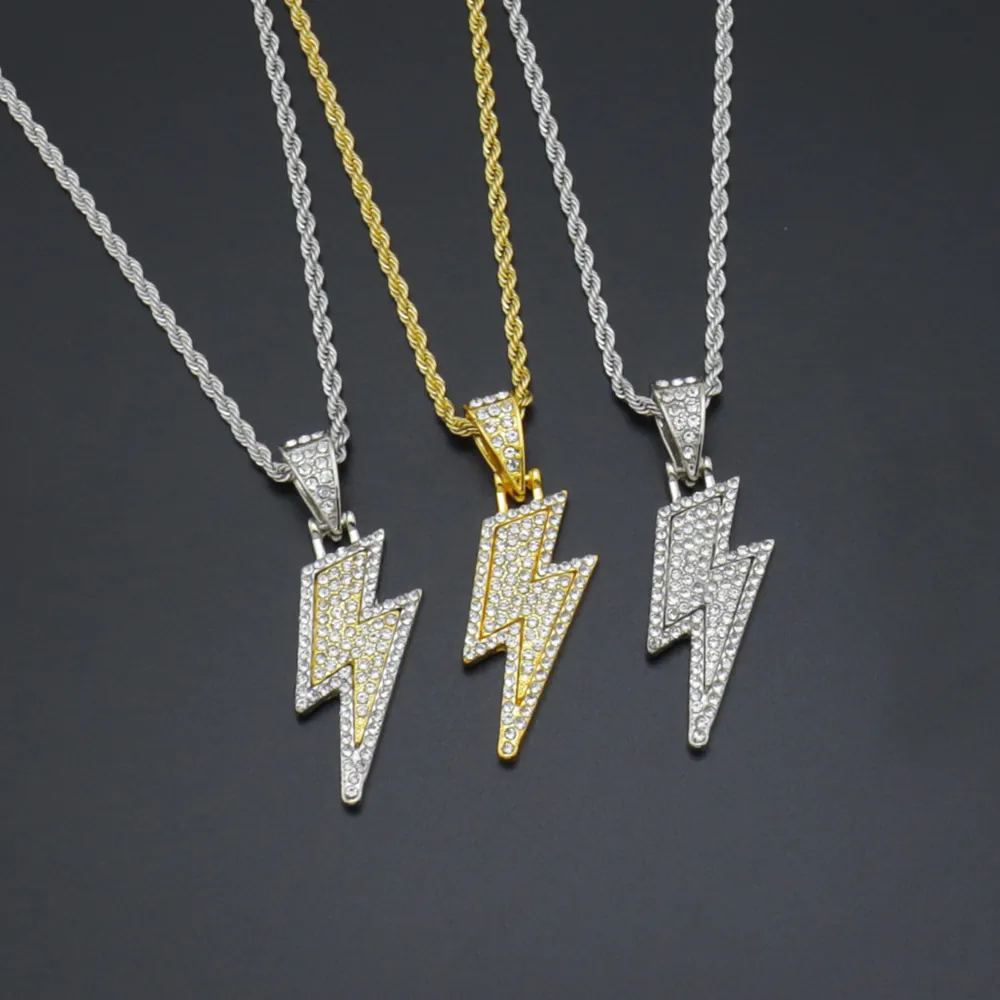 Lightning Bolt Pendant Necklace Zinc Alloy Rhinestone Encrusted Rope Chain Hip Hop Streetwear Jewelry For Men Women