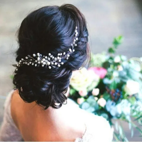 Handgemachter Braut Haarkamm Mit Weißen Künstliche Perlen Und Kristallen Silberdraht Blumenast Für Hochzeit Party Elegant