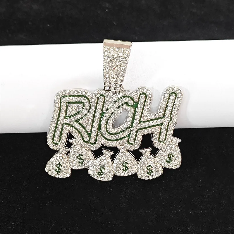 Collier À Pendentif Lettre RICH Hip Hop Alliage De Zinc Avec Strass AAA Charme Sac D'argent Bijoux Bling Pour Hommes Femmes