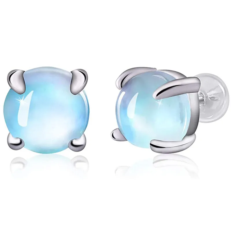 925 Sterling Silver Stud Earrings Simple Four-Prong Round Synthetic Moonstone Minimalist Fashion Jewelry Accessories Gift For Women